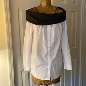 New Revival WhiteCotton ButtonUp Blouse W/ GrayKnit OffThe Shoulder/Cow Neck Top